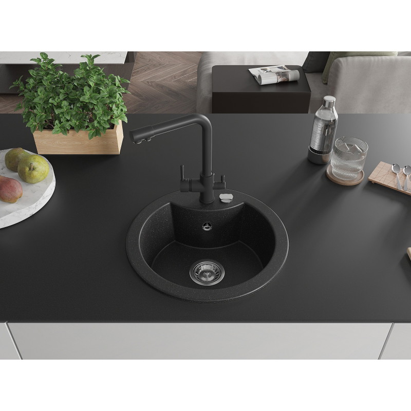 Mexen Diego granite sink 1-bowl with Duero kitchen faucet, black/silver metallic - 6512-73-671600-70