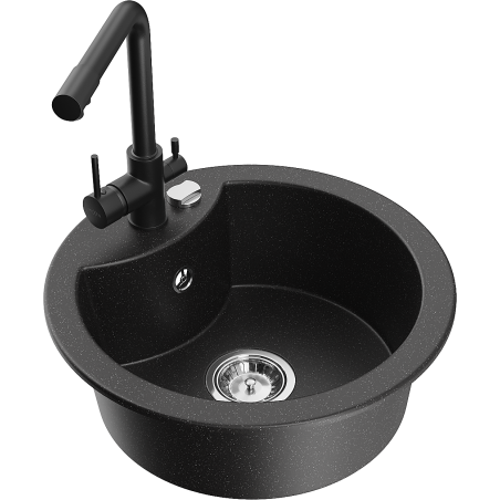 Mexen Diego granite kitchen sink with one bowl and Duero kitchen faucet, black/silver metallic - 6512-73-671600-70