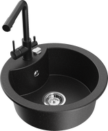 Mexen Diego granite kitchen sink with one bowl and Duero kitchen faucet, black/silver metallic - 6512-73-671600-70
