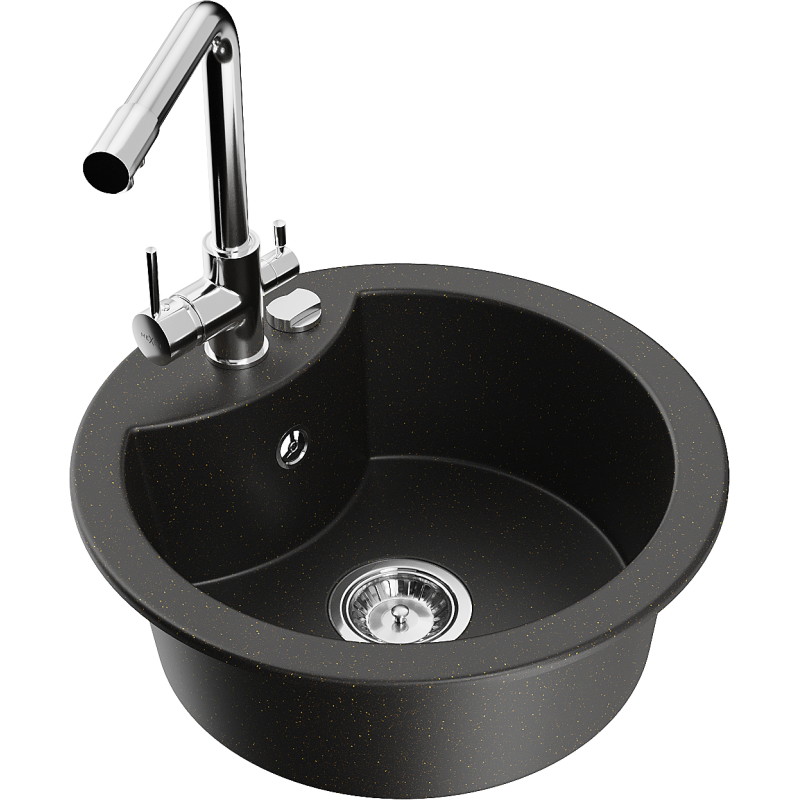 Mexen Diego 1-bowl granite sink with Duero kitchen faucet, black/gold metallic - 6512-75-671600-00