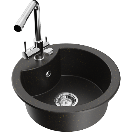 Mexen Diego 1-bowl granite sink with Duero kitchen faucet, black/gold metallic - 6512-75-671600-00