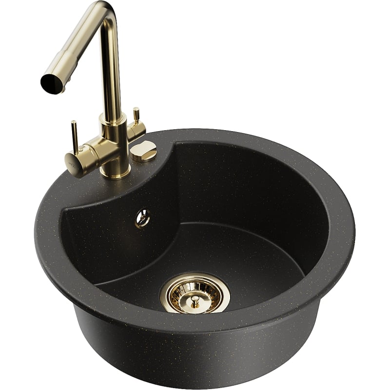 Mexen Diego 1-bowl granite sink with Duero kitchen faucet, black/gold metallic - 6512-75-671600-50