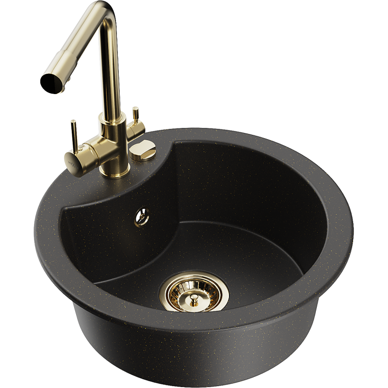 Mexen Diego 1-bowl granite sink with Duero kitchen mixer tap, black/gold metallic - 6512-75-671600-50