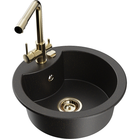 Mexen Diego 1-compartment granite sink with a kitchen mixer tap Duero, Black/Gold metallic - 6512-75-671600-50