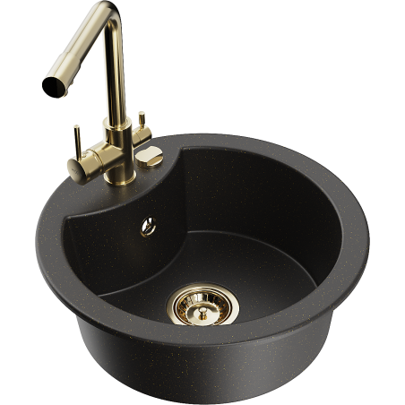 Mexen Diego granit sink 1-bowl with Duero kitchen faucet, black/golden metallic - 6512-75-671600-50