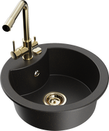 Mexen Diego 1-bowl granite sink with Duero kitchen faucet, black/gold metallic - 6512-75-671600-50