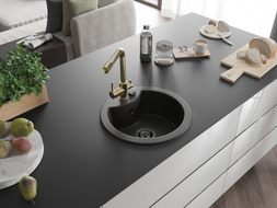 Mexen Diego granite kitchen sink 1-bowl with Duero kitchen faucet, black/golden metallic - 6512-75-671600-50-B