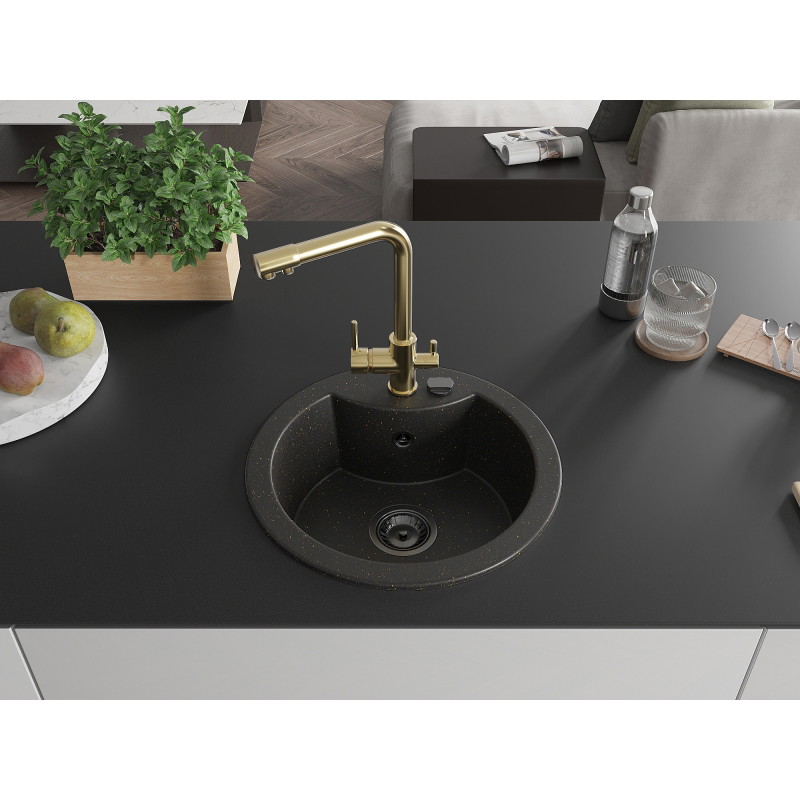 Mexen Diego granite kitchen sink 1-bowl with Duero kitchen faucet, black/golden metallic - 6512-75-671600-50-B