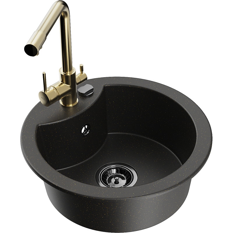 Mexen Diego granite kitchen sink 1-bowl with Duero kitchen faucet, black/gold metallic - 6512-75-671600-50-B