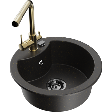 Mexen Diego granite kitchen sink 1-bowl with Duero kitchen faucet, black/gold metallic - 6512-75-671600-50-B