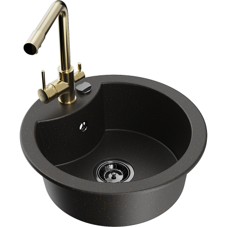 Mexen Diego granite kitchen sink 1-bowl with Duero kitchen faucet, black/golden metallic - 6512-75-671600-50-B