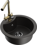 Mexen Diego granite kitchen sink 1-bowl with Duero kitchen faucet, black/golden metallic - 6512-75-671600-50-B