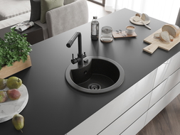 Mexen Diego 1-Bowl Granite Sink with Duero Kitchen Tap, Black/Gold Metallic - 6512-75-671600-70-B