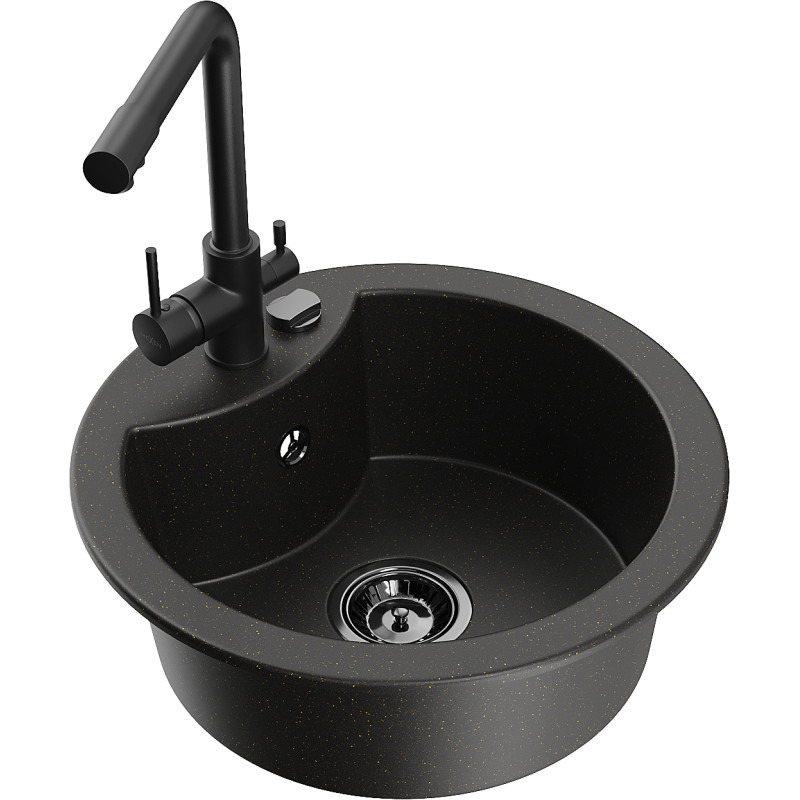 Mexen Diego 1-bowl granite kitchen sink with Duero kitchen faucet, black/gold metallic - 6512-75-671600-70-B