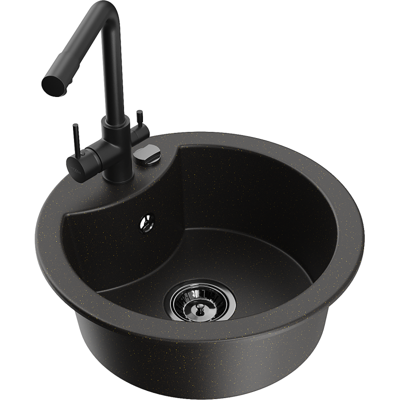 Mexen Diego 1-Bowl Granite Sink with Duero Kitchen Tap, Black/Gold Metallic - 6512-75-671600-70-B