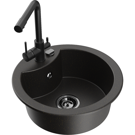 Mexen Diego 1-bowl granite kitchen sink with Duero kitchen faucet, black/gold metallic - 6512-75-671600-70-B