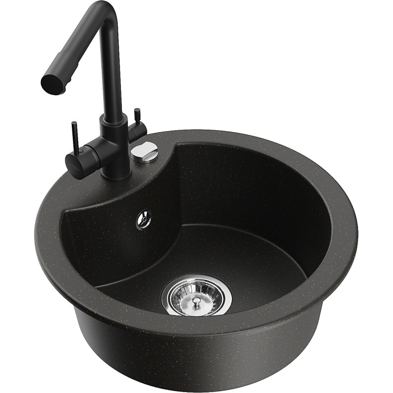 Mexen Diego 1-bowl granite sink with kitchen faucet Duero, black/golden metallic - 6512-75-671600-70
