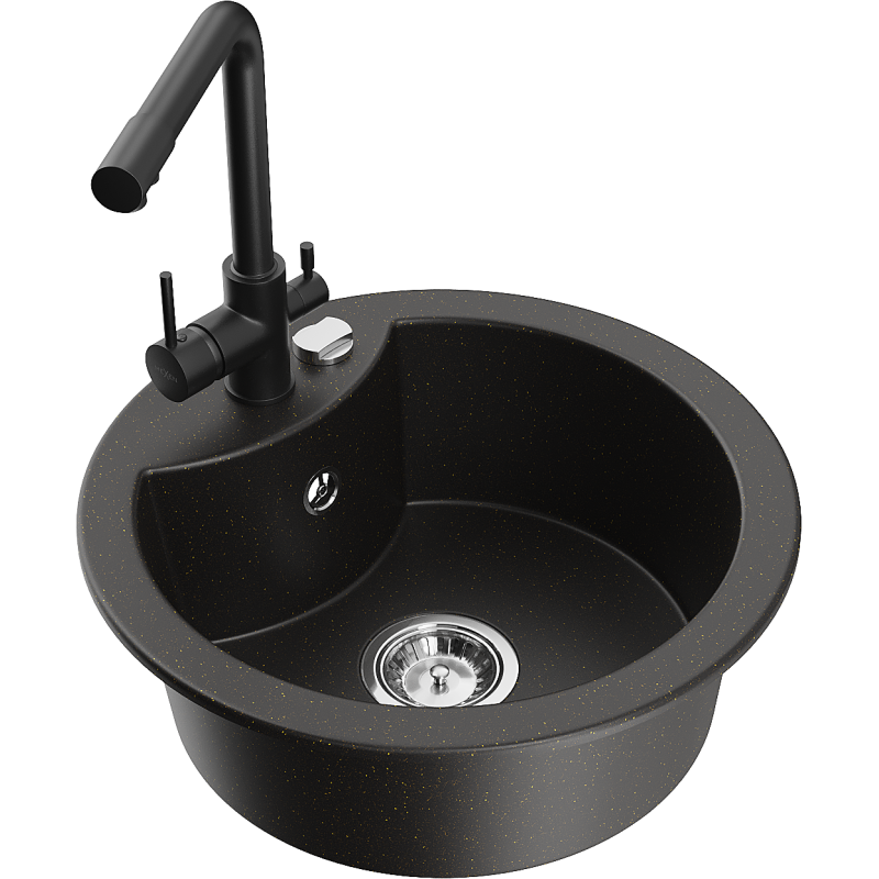 Mexen Diego 1-compartment granite sink with a kitchen mixer tap Duero, Black/Gold metallic - 6512-75-671600-70