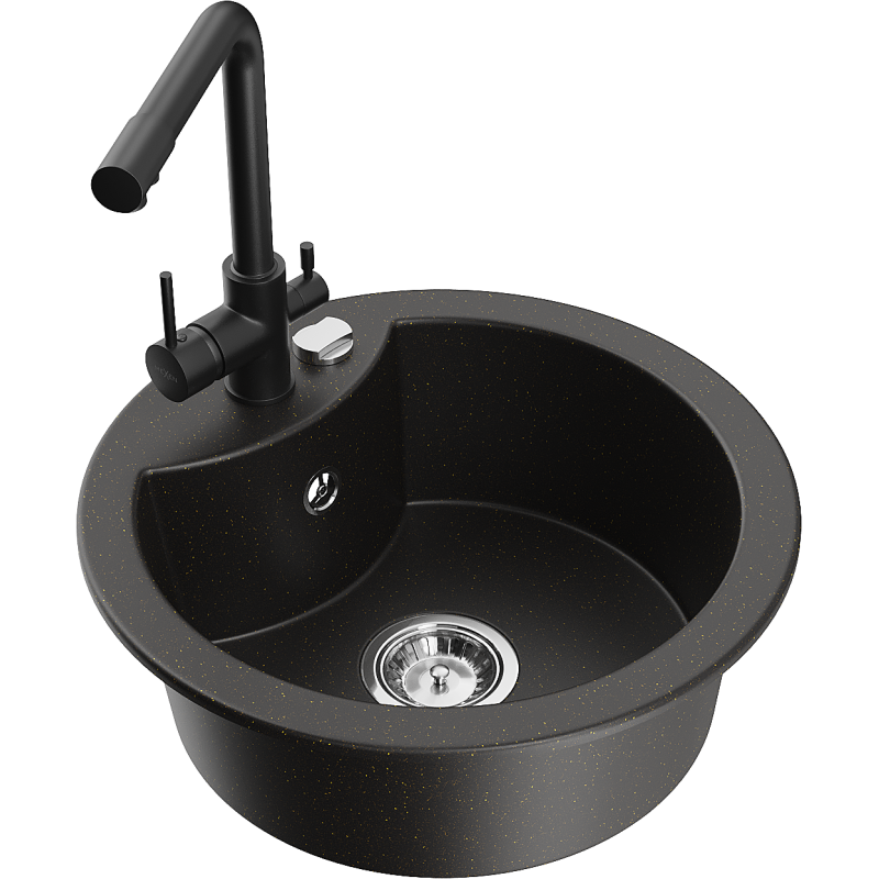 Mexen Diego granite kitchen sink single bowl with Duero kitchen tap, black/gold metallic - 6512-75-671600-70