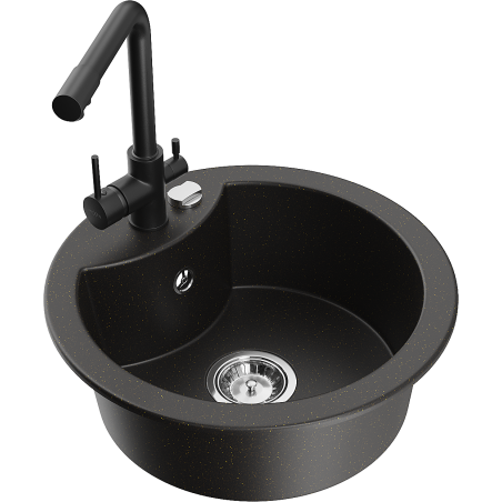 Mexen Diego 1-compartment granite sink with a kitchen mixer tap Duero, Black/Gold metallic - 6512-75-671600-70