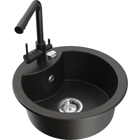 Mexen Diego granite kitchen sink single bowl with Duero kitchen tap, black/gold metallic - 6512-75-671600-70