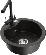 Mexen Diego 1-bowl granite kitchen sink with Duero faucet, black/gold metallic - 6512-75-671600-70