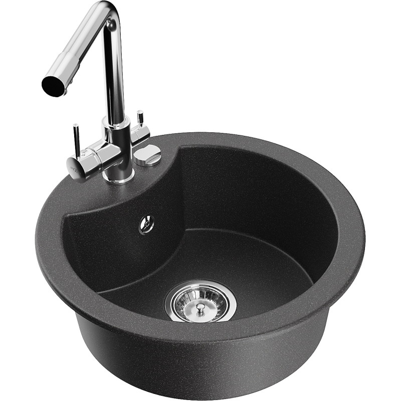 Mexen Diego granite kitchen sink 1 compartment with Duero kitchen faucet, black speckled - 6512-76-671600-00