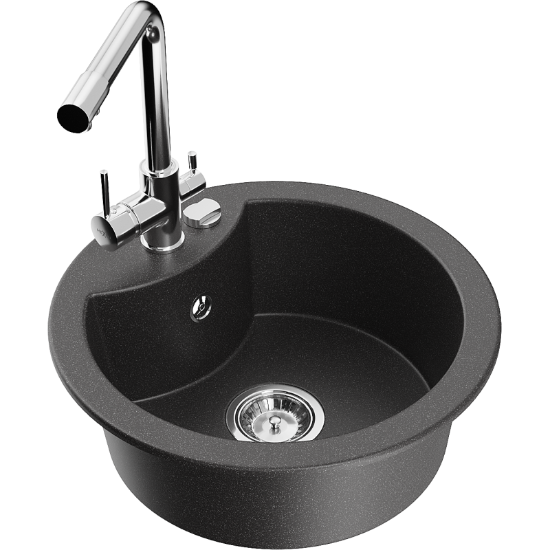 Mexen Diego granite sink 1-bowl with Duero kitchen tap, black speckled - 6512-76-671600-00