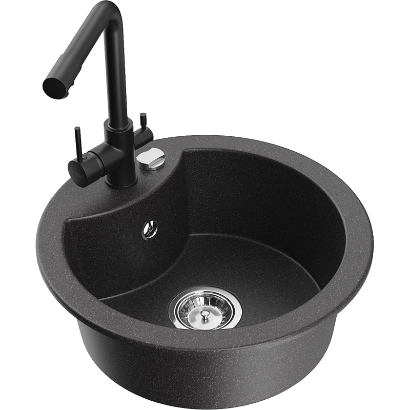 Mexen Diego 1-compartment granite sink with a kitchen mixer tap Duero, spotted black - 6512-76-671600-70
