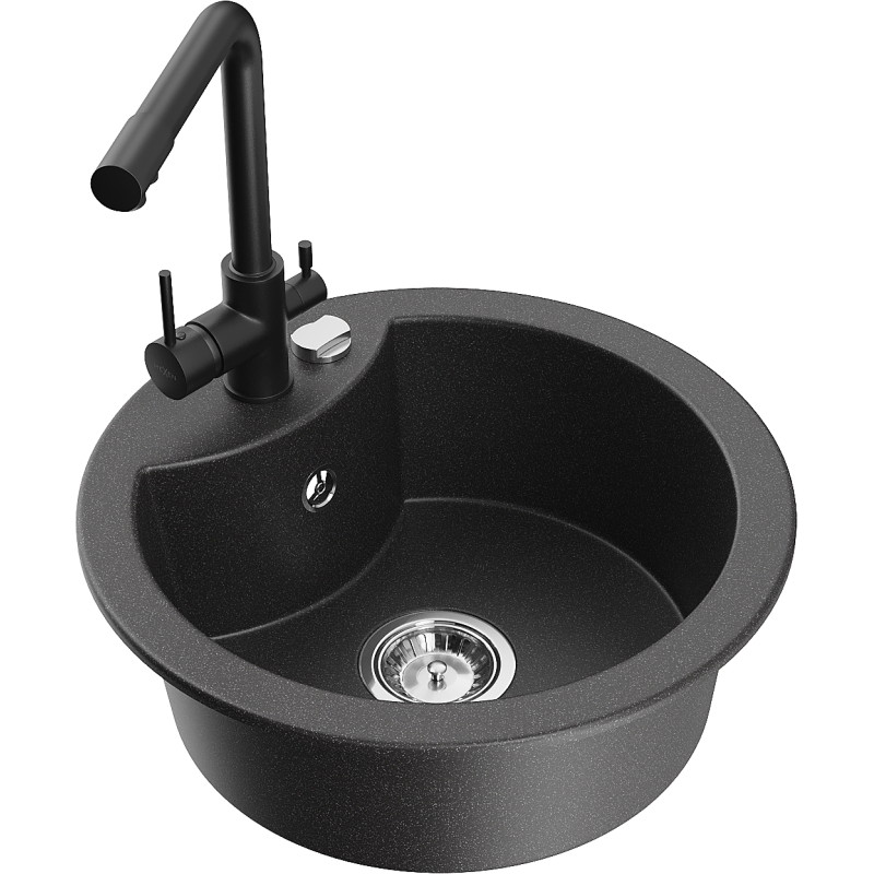 Mexen Diego granite sink 1-bowl with Duero kitchen faucet, black speckled - 6512-76-671600-70