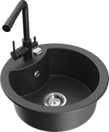 Mexen Diego granite sink 1-bowl with Duero kitchen faucet, black speckled - 6512-76-671600-70