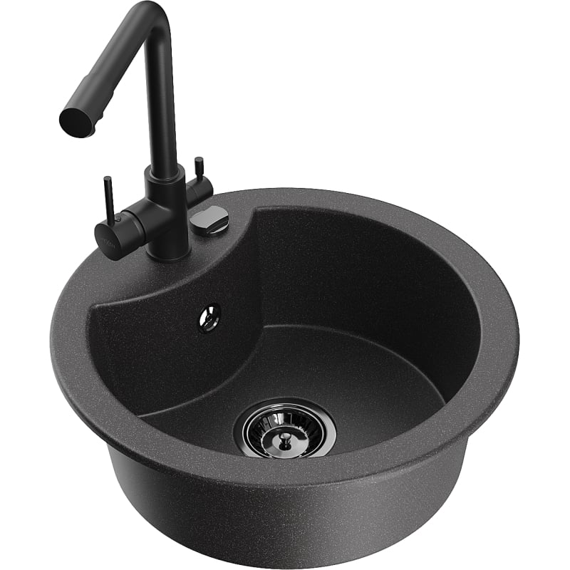 Mexen Diego granite kitchen sink with 1 basin and Duero faucet, speckled black - 6512-76-671600-70-B