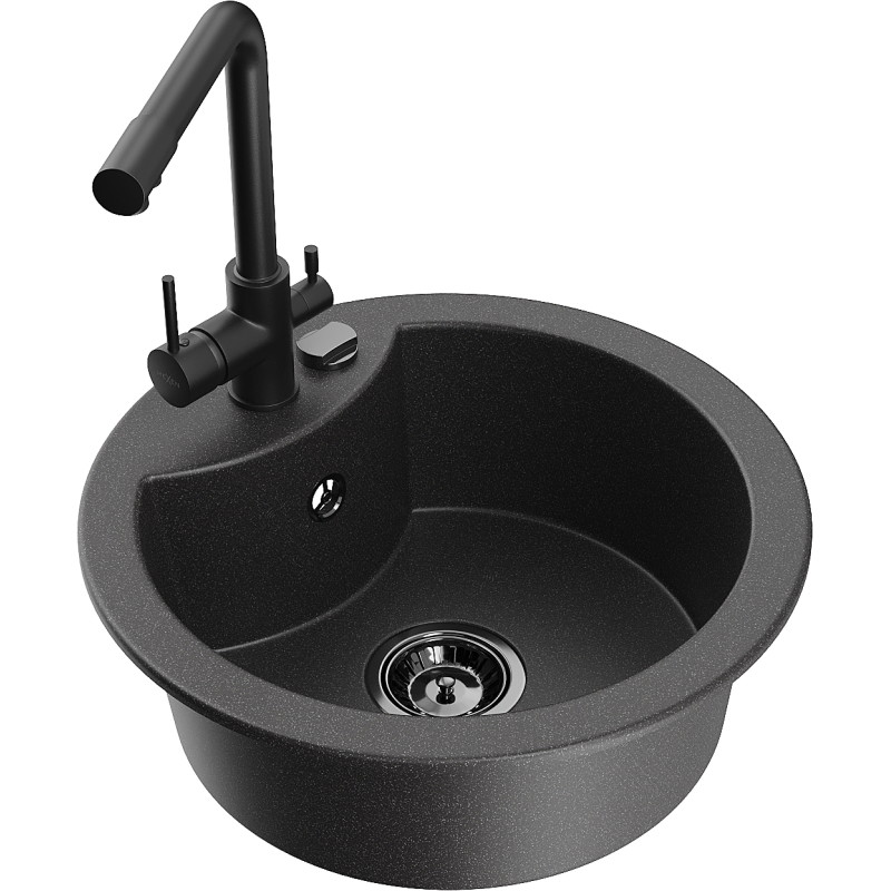 Mexen Diego granite sink 1-bowl with Duero kitchen faucet, black speckled - 6512-76-671600-70-B