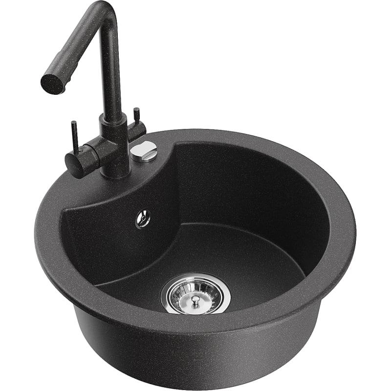 Mexen Diego granite kitchen sink 1-bowl with Duero faucet, speckled black - 6512-76-671600-76