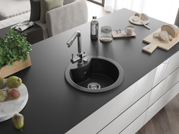 Mexen Diego 1-compartment granite sink with a kitchen mixer tap Duero, Black - 6512-77-671600-00