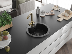 Mexen Diego 1-compartment granite sink with a kitchen mixer tap Duero, Black - 6512-77-671600-50-B