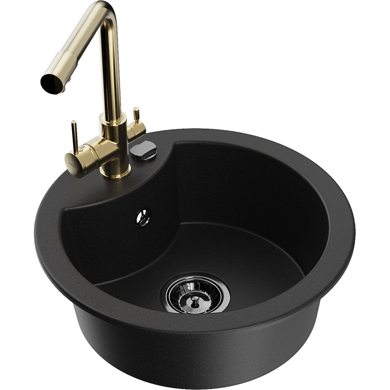 Mexen Diego granit sink 1-bowl with Duero kitchen faucet, black - 6512-77-671600-50-B