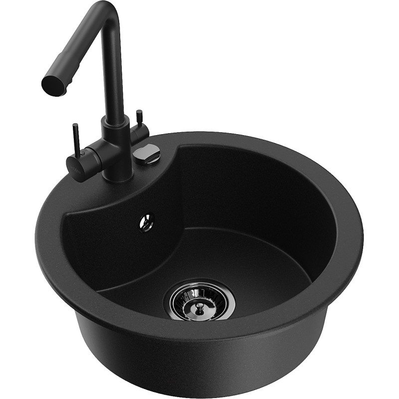 Mexen Diego single-bowl granite sink with Duero kitchen faucet, black - 6512-77-671600-70-B