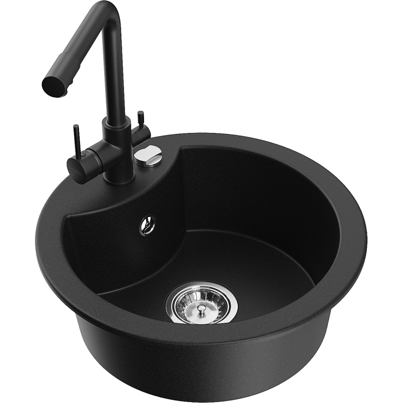 Mexen Diego 1-bowl granite sink with Duero kitchen tap, black - 6512-77-671600-70