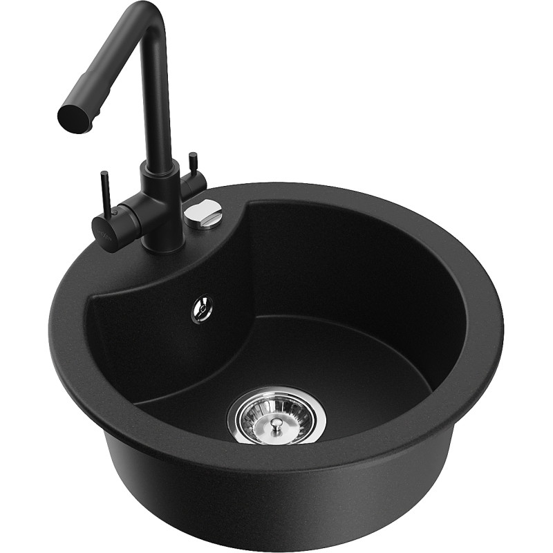 Mexen Diego single-bowl granite sink with Duero kitchen faucet, black - 6512-77-671600-70