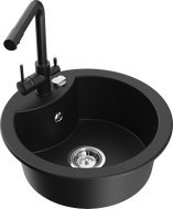 Mexen Diego 1-bowl granite sink with Duero kitchen tap, black - 6512-77-671600-70
