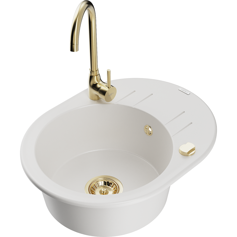 Mexen Kevin 1-bowl granite kitchen sink with drainer and Telma kitchen tap, white - 6517-20-670200-50