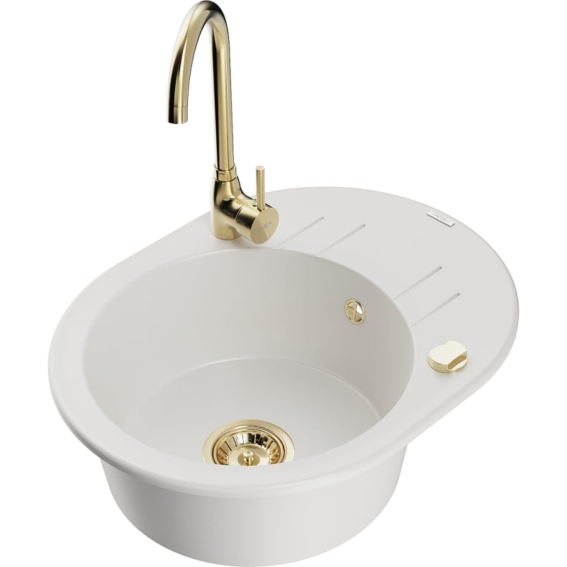 Mexen Kevin 1-bowl granite sink with drainer and kitchen faucet Telma, white - 6517-20-670200-50