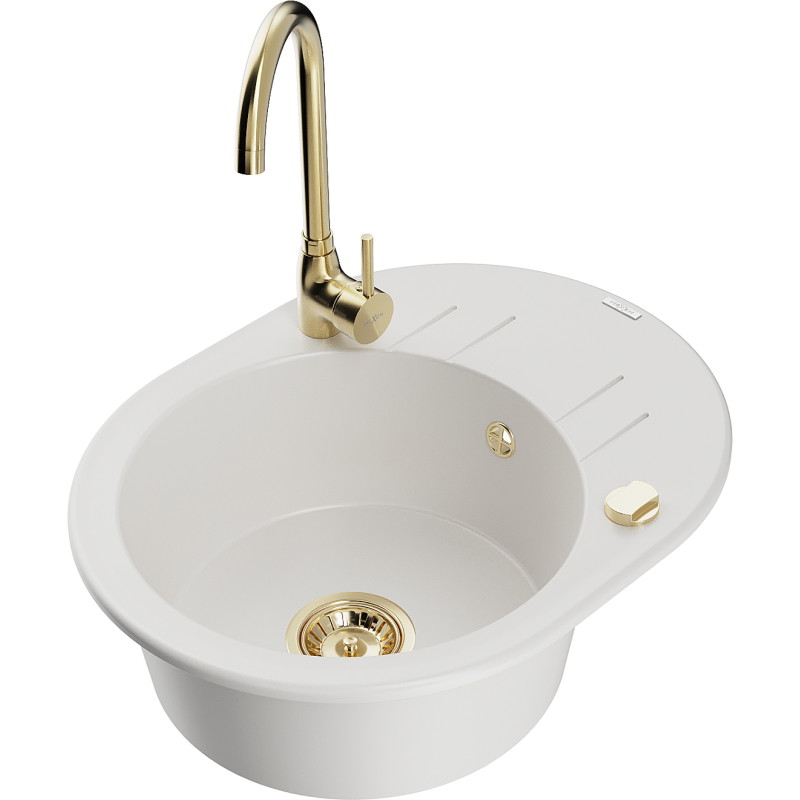 Mexen Kevin 1-bowl granite sink with drainer and Telma kitchen faucet, white - 6517-20-670200-50