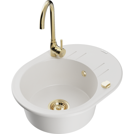 Mexen Kevin 1-bowl granite sink with drainer and kitchen faucet Telma, white - 6517-20-670200-50
