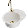 Mexen Kevin 1-bowl granite sink with drainer and Telma kitchen faucet, white - 6517-20-670200-50