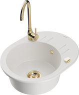 Mexen Kevin 1-bowl granite kitchen sink with drainer and Telma kitchen tap, white - 6517-20-670200-50
