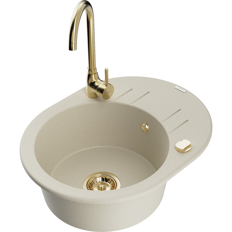 Mexen Kevin 1-bowl granite sink with drainer and kitchen faucet Telma, beige - 6517-69-670200-50