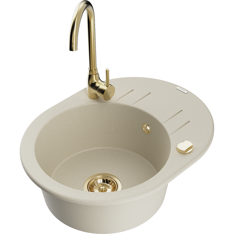 Mexen Kevin 1-bowl granite sink with drainer and Telma kitchen tap, beige - 6517-69-670200-50