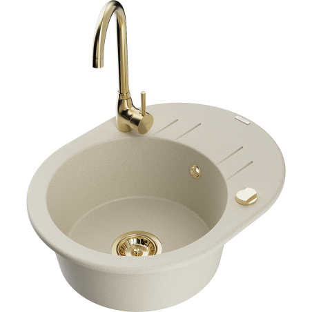 Mexen Kevin granite sink 1-bowl with drainer and Telma kitchen faucet, beige - 6517-69-670200-50